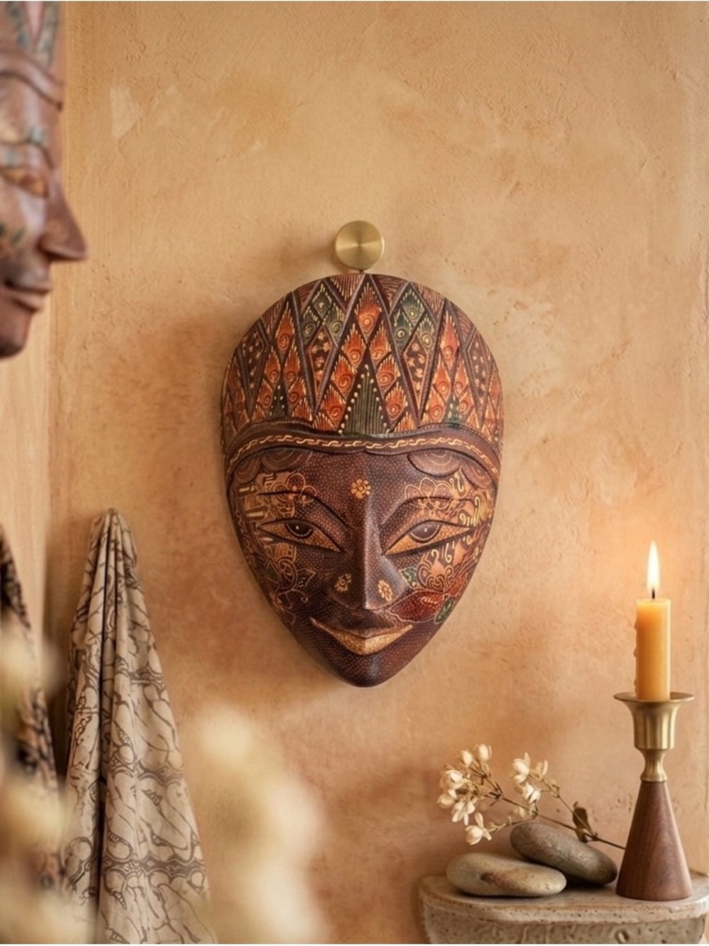 Vintage Hand-Carved Indonesian Batik Wood Mask